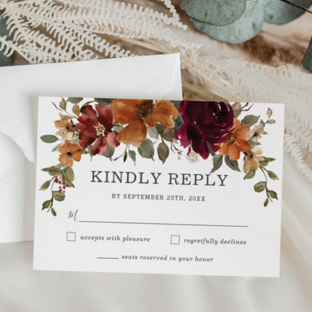 Rustik Chic Burgundy Burnt Orange Blommigt Bröllop OSA Kort (rustic-elegant-burgundy-burnt-orange-floral-flowers-autumn-fall-wedding-rsvp-reply-response-cards)
