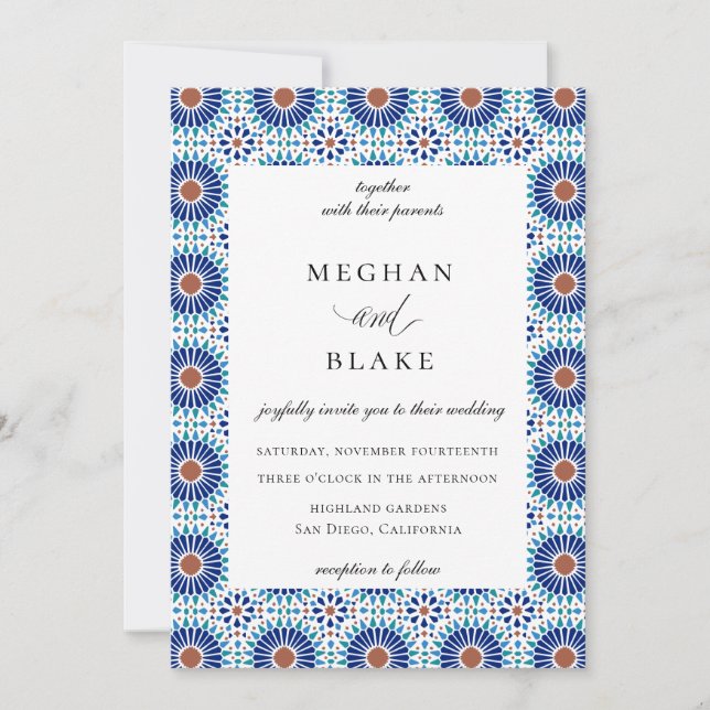 Rustik Chic Geometrisk Spansk Kakel Bröllop Inbjudningar (Framsida)