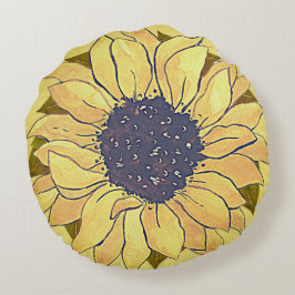 Rustik Chic Gult blommigt för solrosfärgsfärg Rund Kudde