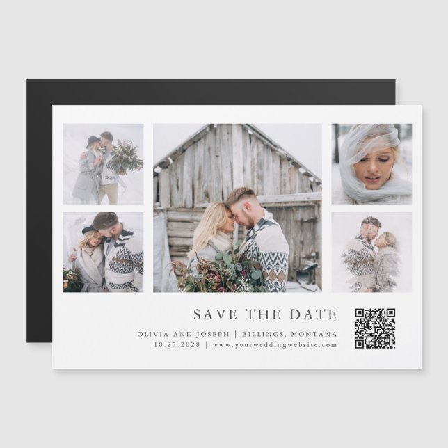 Rustik Chic Multi Photo Grid QR-kod Spara datum Magnetisk Inbjudningskort (Fram/baksida)