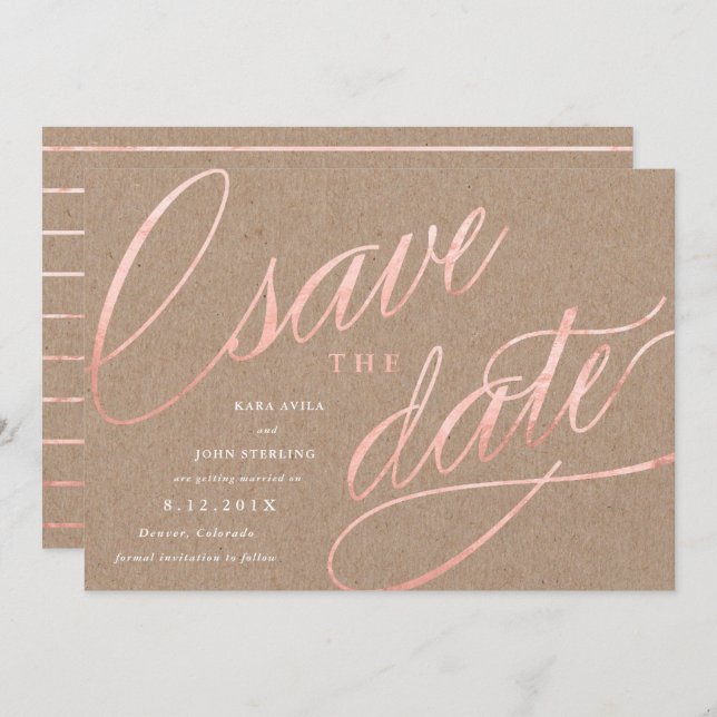 Rustik Chic Rosa Guld Save the Date | Rosa Guld Inbjudningar (Fram/baksida)