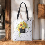 Rustik Chic Solblommor och sotkrukor med monogram Tygkasse<br><div class="desc">Anpassa den här texten med ditt monogram eller annan önskad text. En ljus och glad bukett av gult vattenfärgade solblommor kaskar över en kontrasterande svart kvadrat ram som omger ditt monogram. Bakgrunden är en chic liten polka dots mönster. Den här leksaken är en underbar anpassningsbar för vänner, grannar, medarbetare eller...</div>