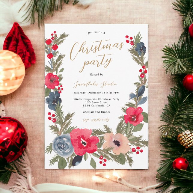 Rustik chic Vinterfärg Blommigt Vattenfärg Jul Inbjudningar (Rustic chic Winter Floral Watercolor Christmas Invitation)