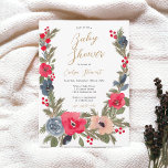 Rustik chic Winter-Blommigten Vattenfärgdusch för  Inbjudningar<br><div class="desc">Upplev förstoringen av vintern under vintern med vår inbjudan till Blommigten för babyskor från Rustic Elegant. Den ursprungliga utformningen har en söt, handmålad vattenfärg ram, en snygg blandning av röda blommor, dammiga blå nyanser och en vinter- och julinspirerad blommigt i gräs. Teckensnittet i eleganten lägger till en aning tidslassefritt romantik....</div>