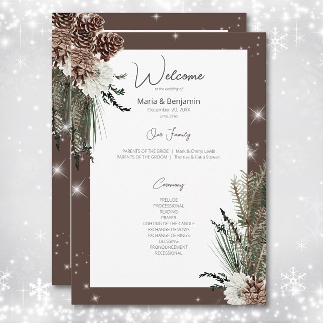 Rustik Cocoa Brown Gräs Winter Gnistra Bröllop Program (Rustic Cocoa Brown Pine Winter Sparkle Wedding Program)