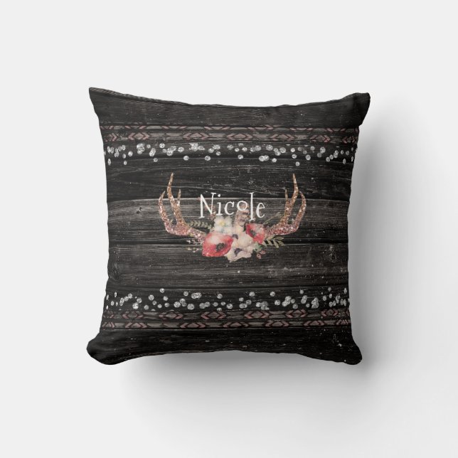 Rustik Country Glam Blommor & Horn Chic Boho Kudde (Framsida)