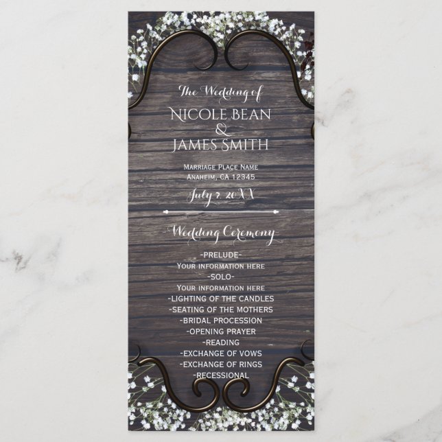 Rustik Country Western Babys Breath & Trä-program Program (Framsida)