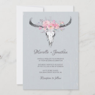Rustik Cow Skull Boho Blommigt Vatercolor Grått Inbjudningar