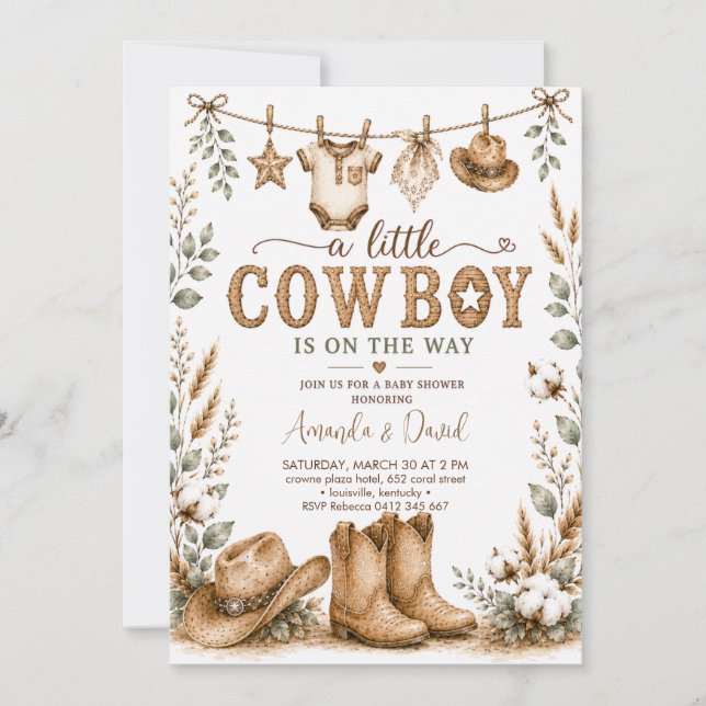 Rustik Cowboy Baby Shower-fest Inbjudningar (Framsida)