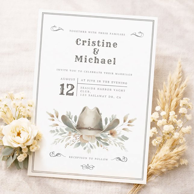 Rustik cowboyhattbröllop inbjudningar (Cowboy hat, western wedding invitation in watercolors. Vintage style.)