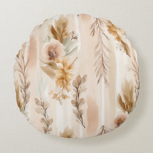 Rustik Crème Boho Blommig Rund Kudde (Framsidan)