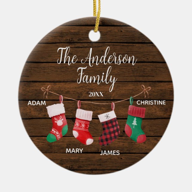 Rustik Cute Socks-familj på 4 med Namn Julgransprydnad Keramik (Framsidan)