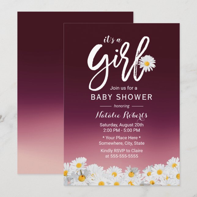 Rustik Daisy Flowers Burgundy Red Girl Baby Shower Inbjudningar (Fram/baksida)