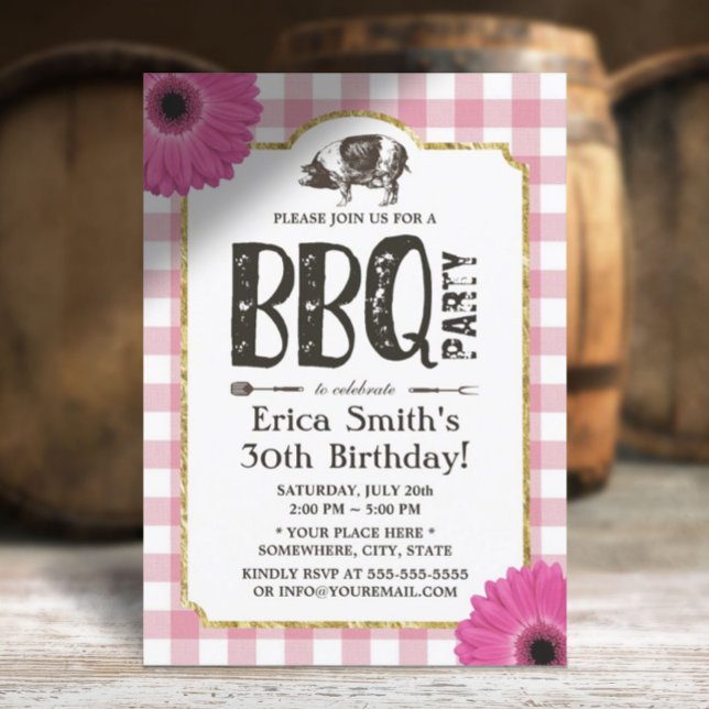 Rustik Daisy Gris Roast BBQ Rosa Play Birthday Inbjudningar (Skapare uppladdad)