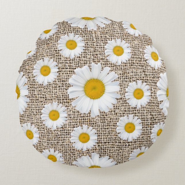 Rustik Daisy Jute - Bondgårdsblommor Rund Kudde (Framsidan)