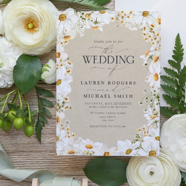 Rustik Daisy Watercolor Flowers Elegant bröllop Inbjudningar (Wedding Invitation)