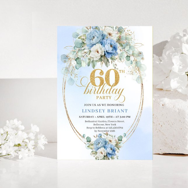 Rustik Damblå Blommig 60-års Födelsedagsinbjudan Inbjudningar (Rustic Dusty Blue Floral 60th Birthday Invitation)