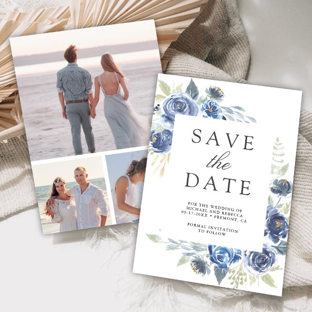Rustik dammig blå blomsterfotocollage bröllop spara datumet (Skapare uppladdad)