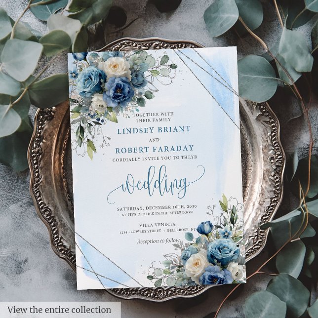 Rustik dammig blå silver blommig bröllopsinbjudan inbjudningar (Rustic Dusty Blue Silver Floral Wedding Invitation)