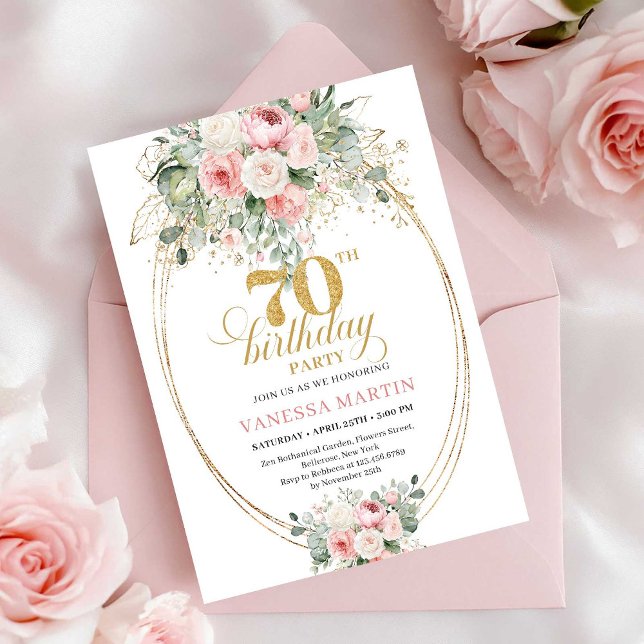Rustik Dammtrosa Grönska 70-års Födelsedagsinbjuda Inbjudningar (Rustic Dusty Pink Greenery 70th Birthday Invitation)