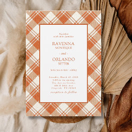 Rustik Dämpad Orange Rutig Gingham Bröllop Inbjudningar