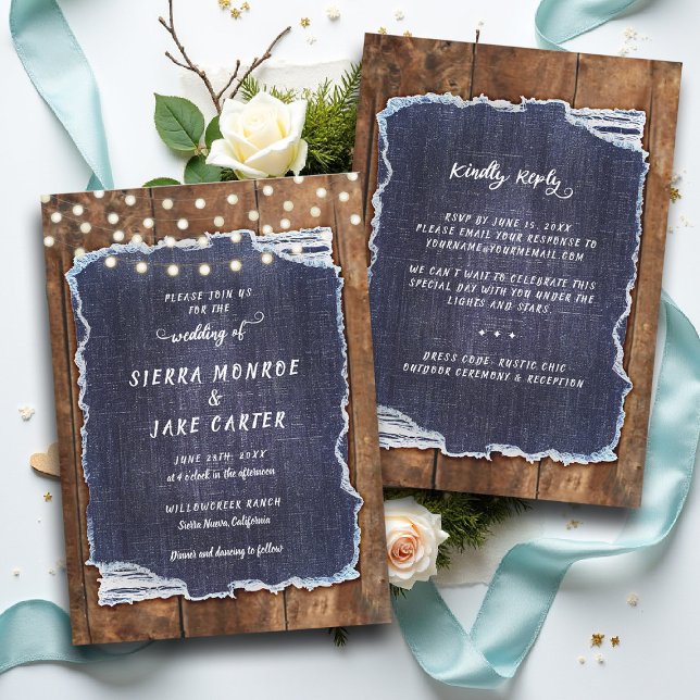 Rustik Denim Ljus Country Cowboy RSVP Bröllop Inbjudningar (cowboy wedding invitation rsvp details country chic denim rustic barn lights backyard outdoors)