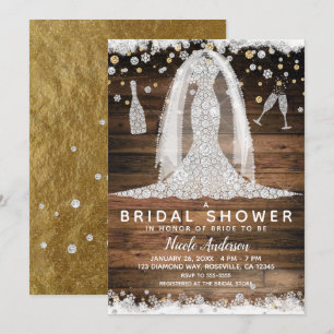 Rustik diamant bröllopsklänning Guld Bridal Shower Inbjudningar