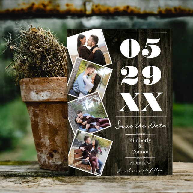 Rustik djärv fyra foto spara datum | Naturlig Spara Datumet (Natural Rustic Bold Four Photo Save the Date)