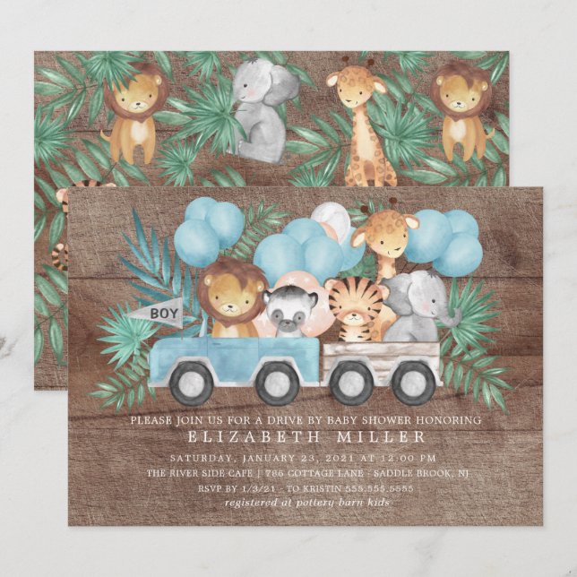 Rustik drivenhet med jungle Animals Boys Baby Show Inbjudningar (Fram/baksida)