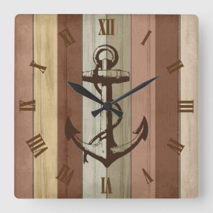 Rustik Earth Tone Wood Nautical Rand & Anchor Fyrkantig Klocka