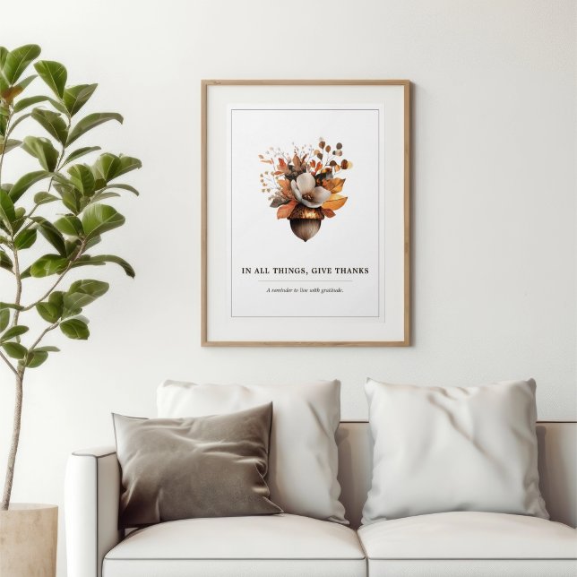 Rustik Ekollon Blommig Vit Höstaffisch Poster (Rustic Acorn Floral wall art — a timeless reminder to live with gratitude every day.)