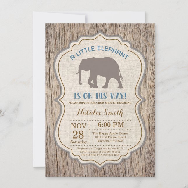 Rustik Elefant Baby Shower Inbjudan Pojke (Framsida)