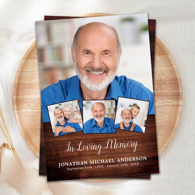 Rustik Elegant 4 fotokollage Sympati Funeral Tack Kort (Skapare uppladdad)