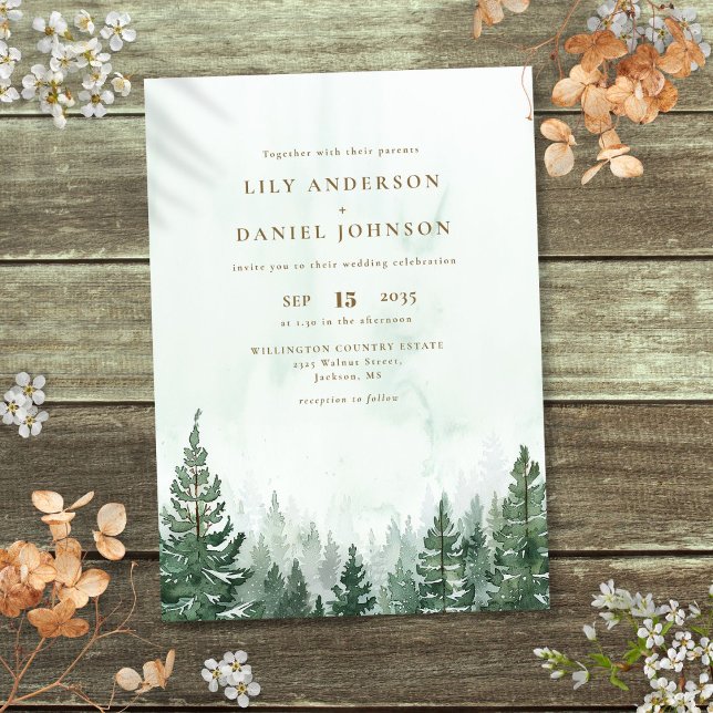Rustik Elegant Akvarell Tall Skog Bröllop Inbjudningar (Rustic Elegant Watercolor Pine Tree Forest Wedding Invitation)