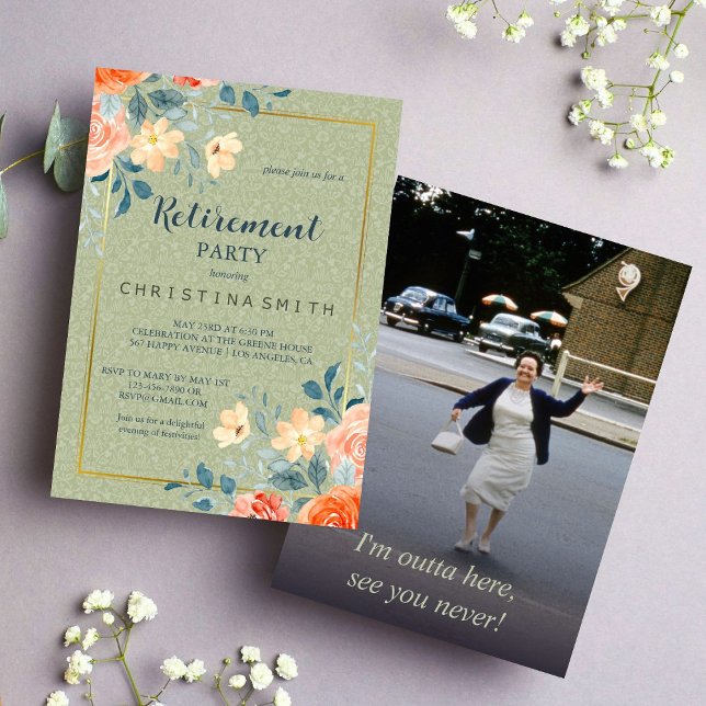 Rustik Elegant Blommigt Vattenfärgen Pension Party Inbjudningar (Rustic Elegant Floral Watercolor Retirement Party Invitation)