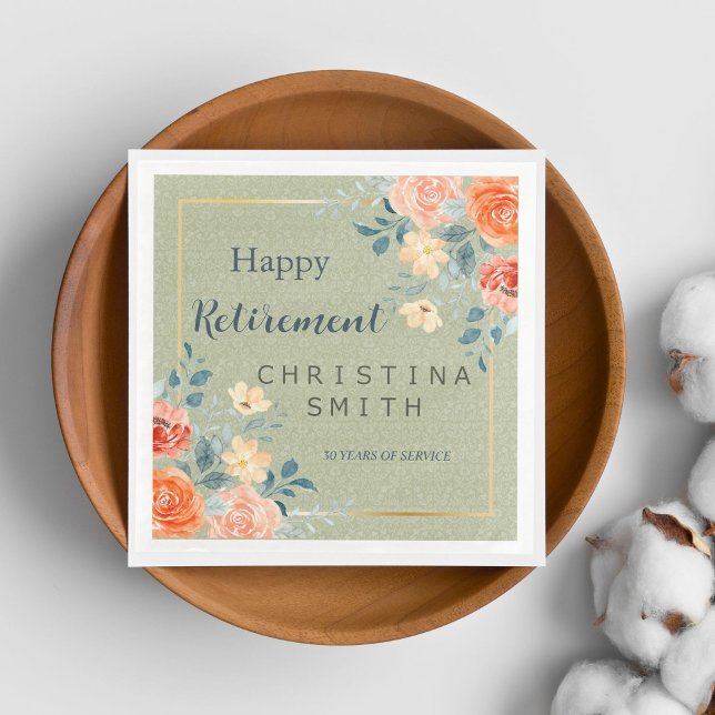 Rustik Elegant Blommigt Vattenfärgen Pension Party Pappersservett (Rustic Elegant Floral Watercolor Retirement Party Paper Dinner Napkins)