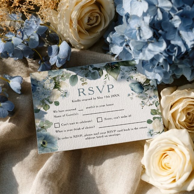 Rustik Elegant Blue Hydrangea Ivory Ro Bröllop OSA Kort (Rustic Elegant Blue Hydrangea Ivory Rose Wedding RSVP Card)