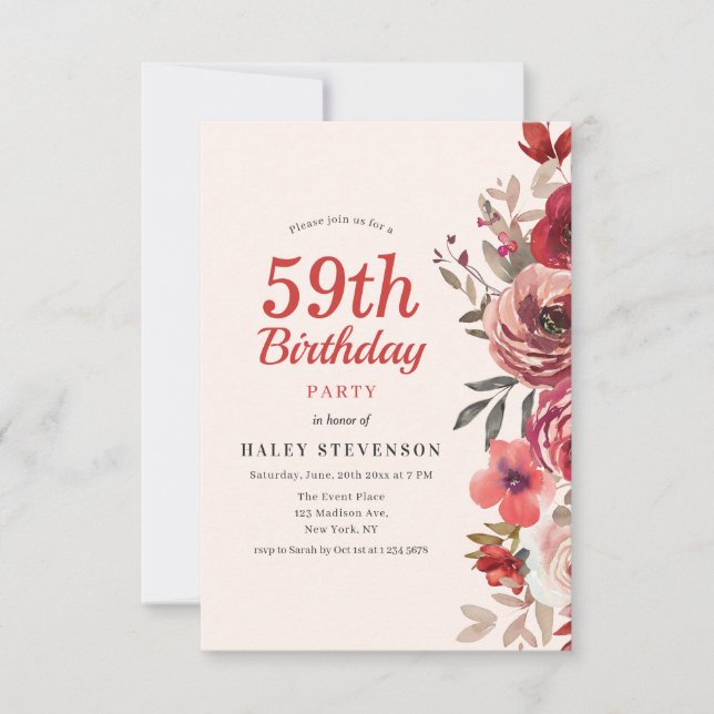 Rustik Elegant Boho Chic Blommig 59-årsdag Inbjudningar (Framsida)