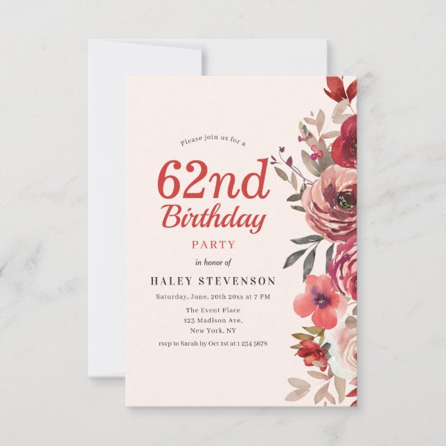 Rustik Elegant Boho Chic Blommig 62-årsdag Inbjudningar (Framsida)