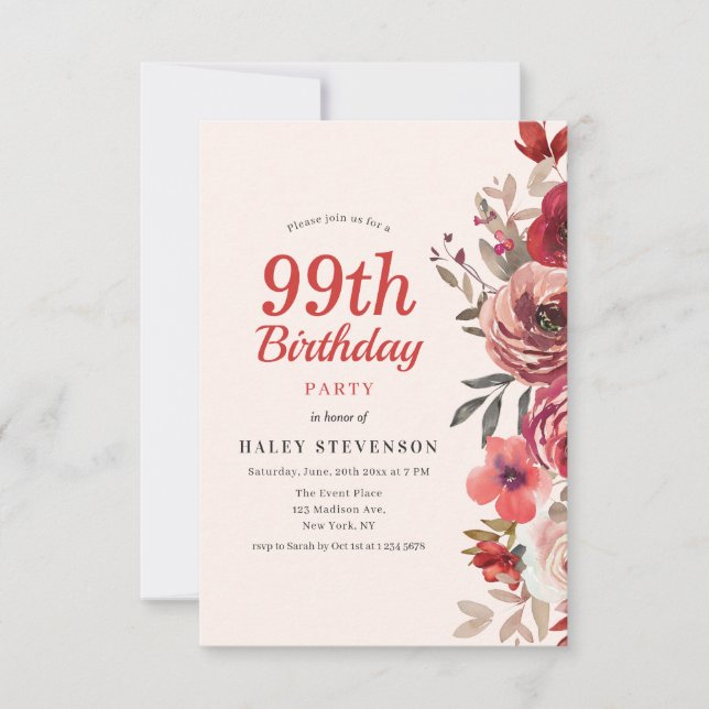 Rustik Elegant Boho Chic Blommig 99-årsdag Inbjudningar (Framsida)