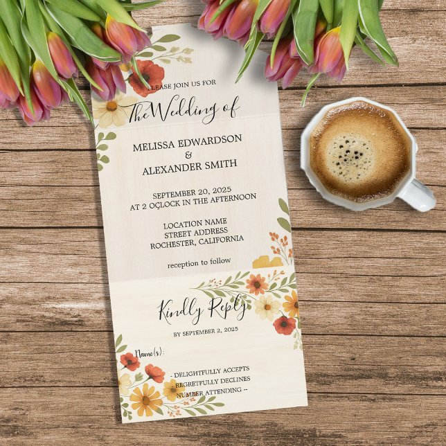 Rustik elegant boho vattencolor blommigt bröllop (Rustic elegant boho watercolor floral wedding all in one invitation. An invitation and RSVP in one.)
