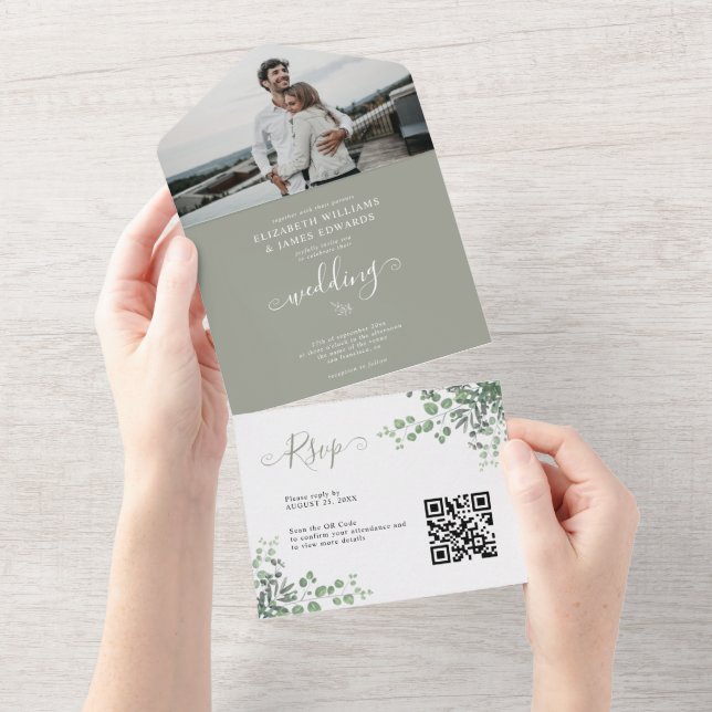 Rustik Elegant Eucalyptus Foto QR Code Bröllop (Tearaway)