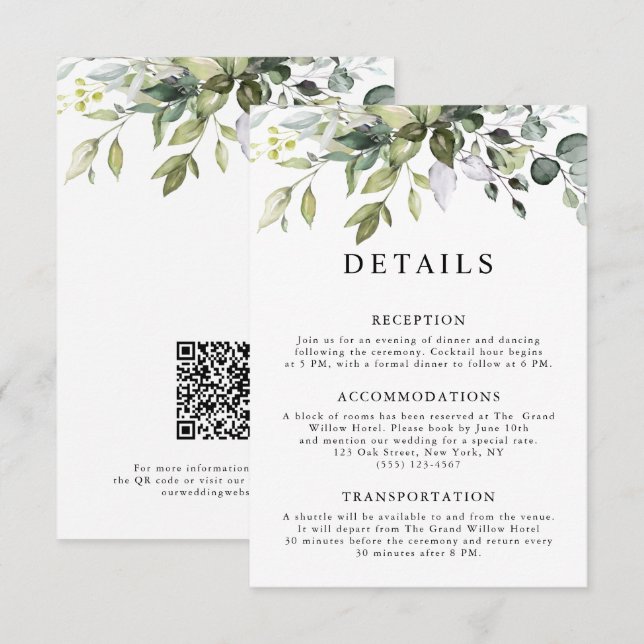 Rustik Elegant Eukalyptusblad QR-kod Bröllop Tilläggskort (Fram/baksida)