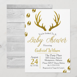 Rustik Elegant Grått Wood Guld Antlers Babyskor Inbjudningar