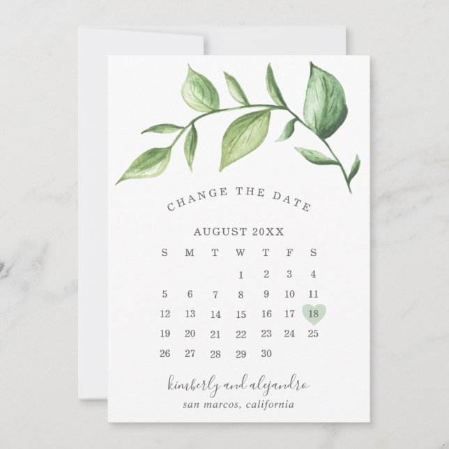 Rustik Elegant Grönska Kalender Ändra Datum Meddelande (Framsida)