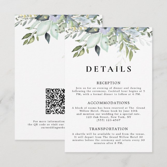 Rustik Elegant Grönska QR-kod Bröllopsdetaljer Tilläggskort (Fram/baksida)