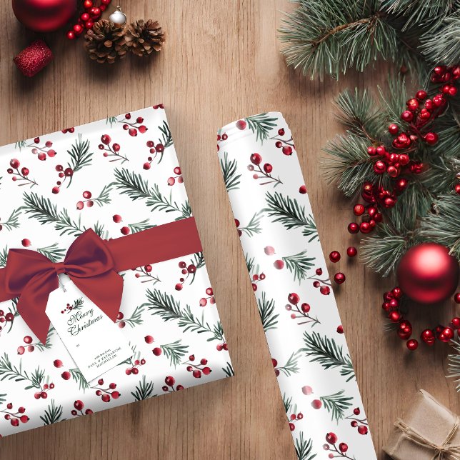 Rustik Elegant Jul Vattenfärg Botaniskt Presentpapper (Rustic Elegant Christmas Watercolor Botanical Wrapping Paper)