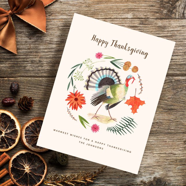 Rustik Elegant Kalkon Thanksgiving Botanisk  Helg Vykort (Modern Elegant Turkey Thanksgiving Botanical Holiday Postcard)