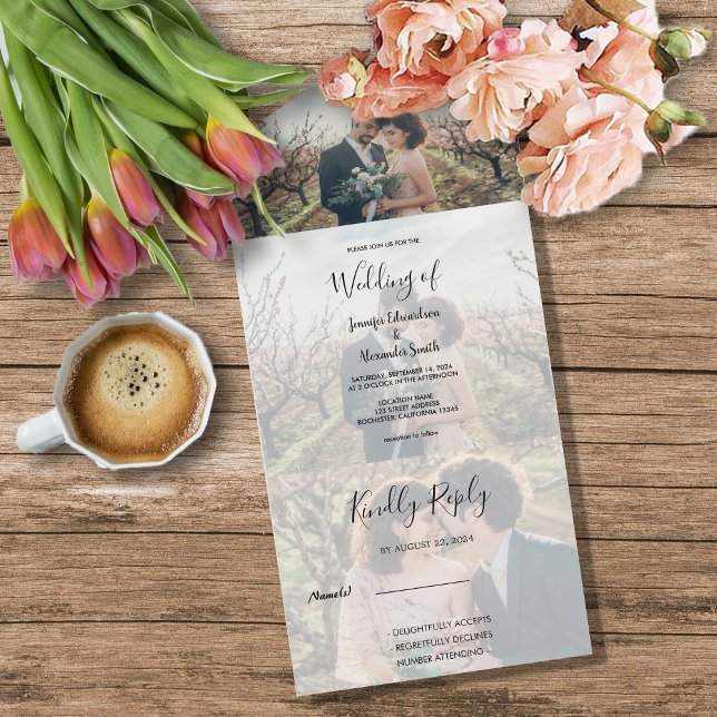 Rustik elegant kalligrafi bröllop (Rustic elegant calligraphy boho wedding all in one invitation. Invitation and RSVP in one.)