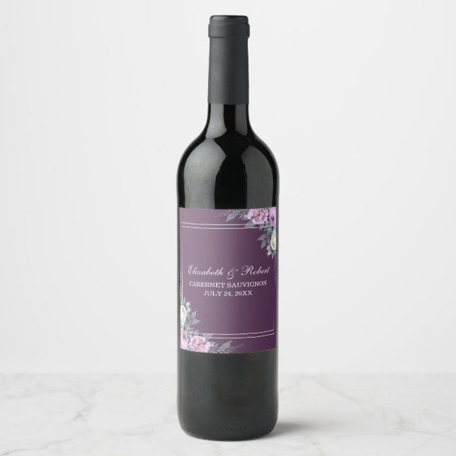 Rustik Elegant Lila och Lilafärgade Peonier Vin Et Vinflaska Etikett (Framsida)